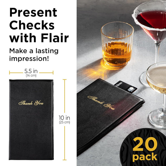 Gold Lion Gear Restaurant Check Presenters - Guest Check Card Holder with Gold Thank You Imprint - 5.5" x 10" Black 20 Pack, Standard Server Book - Waitress Book