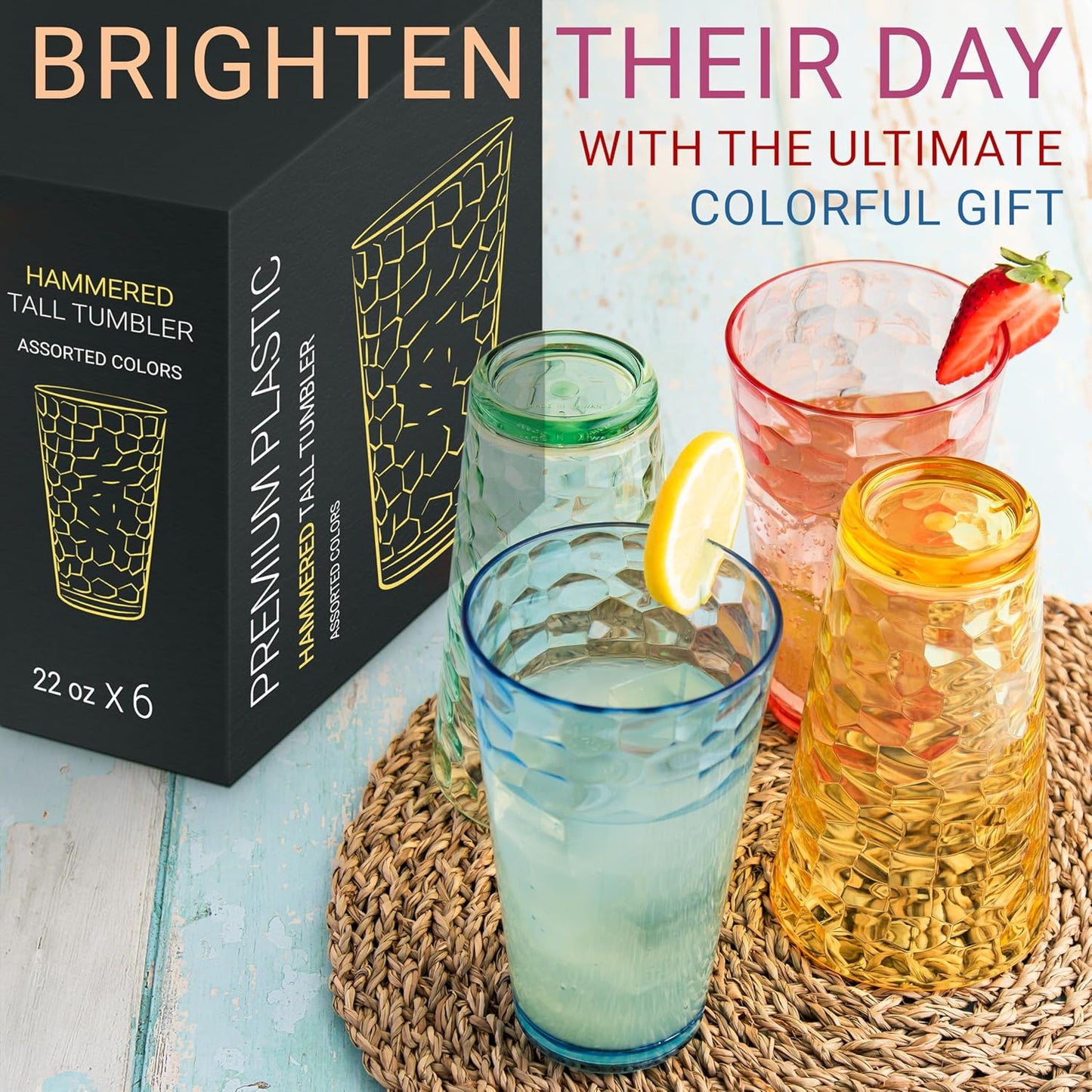 Hammered Plastic Drinking Tumbler, Dishwasher-Safe Premium Quality Water Glasses, BPA-Free Reusable Mixed Colors Assorted Stackable Cups, 22 oz Set of 12