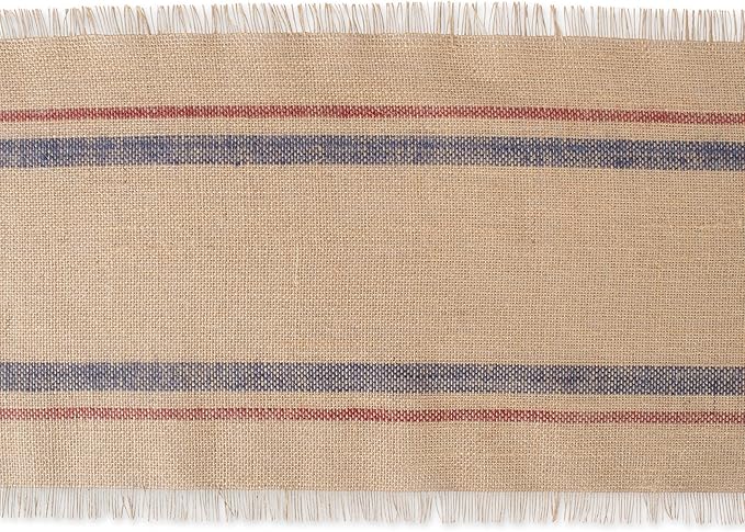 DII Jute Burlap Collection Kitchen Tabletop, Table Runner, 14x108, Double Border Blue/Red