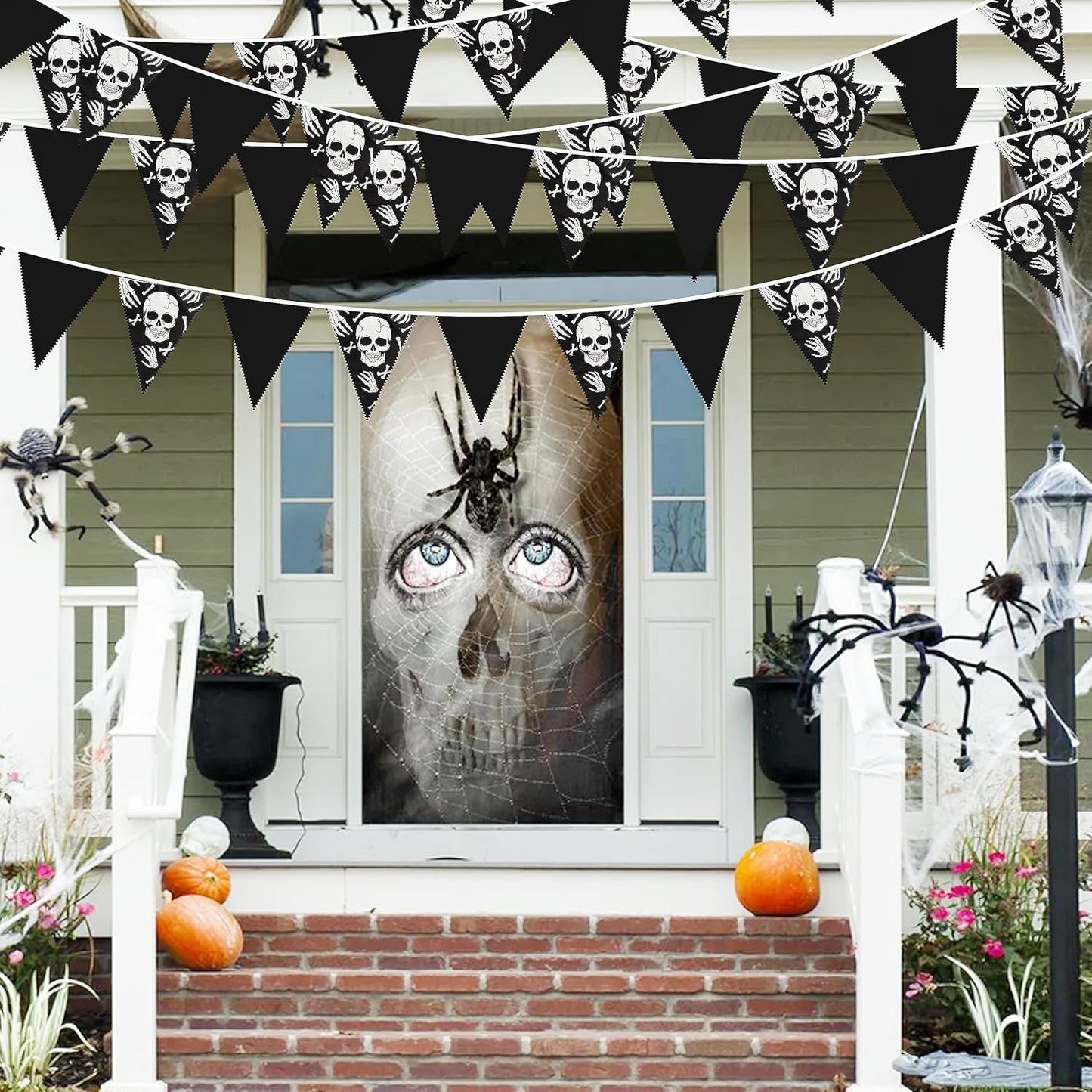 32Ft Black White Halloween Party Decorations Skull Fabric Pennant Pirate Banner Triangle Flag Bunting Garland Streamers for Halloween Pirate Birthday Jolly Roger Wedding Home Outdoor Party Supplies