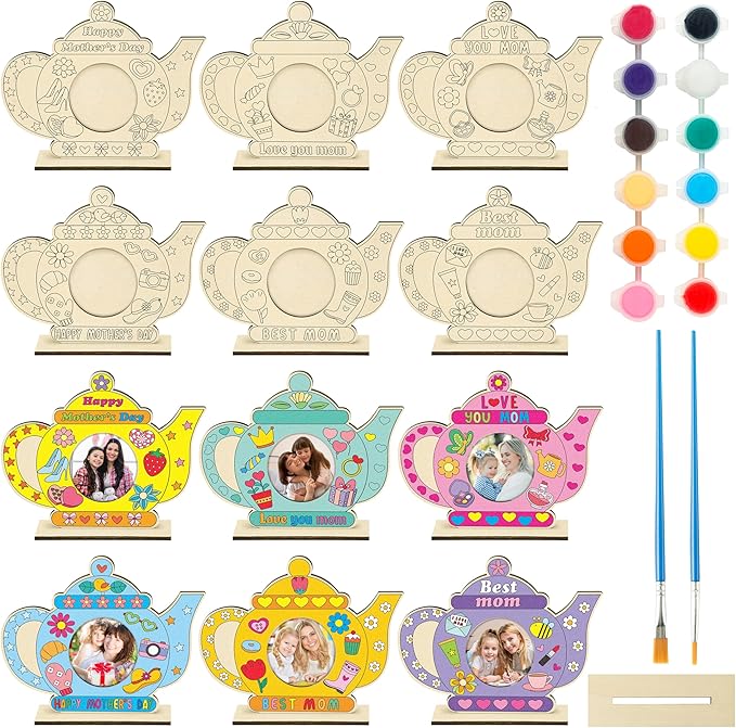 Haooryx Wooden Picture Photo Frame - 12 Pcs Mother's Day Color Your Own DIY Tea Pot Mom Uncolored Wooden Display Pictures Photo Frames Collage Set Wall Hanging Wall Tabletop Mounting Tabletop Display