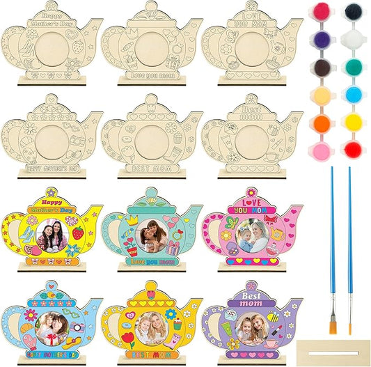 Haooryx Wooden Picture Photo Frame - 12 Pcs Mother's Day Color Your Own DIY Tea Pot Mom Uncolored Wooden Display Pictures Photo Frames Collage Set Wall Hanging Wall Tabletop Mounting Tabletop Display