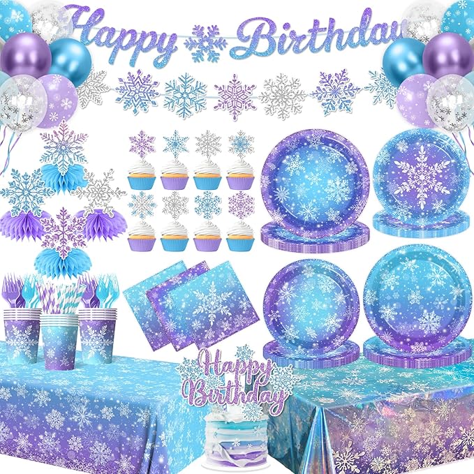 Winter Wonderland Birthday Party Decorations,Snowflake Paper Plates and Napkins, Snowflake Paper Cups,Tablecloth,Banner,Balloon,Cake Topper for Christmas Winter Birthday Party Supplies