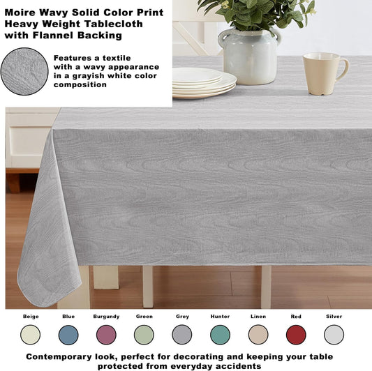 Newbridge Vinyl Flannel Backed Tablecloth, 60 x 102 Inch Rectangle, Grey Moire Wavy Solid Design, Heavyweight Indoor Outdoor Waterproof Table Cover, Easy Care Wipe Clean