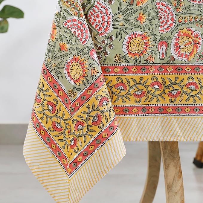 Labhanshi Indian Hand Block Print Rectangle Table Cloth for Kitchen Dining Table|Cotton Floral 8 Seater Picnic Camping Outdoor Table Cover|Spring Easter Decor 72X108 Inch|Burnt Orange