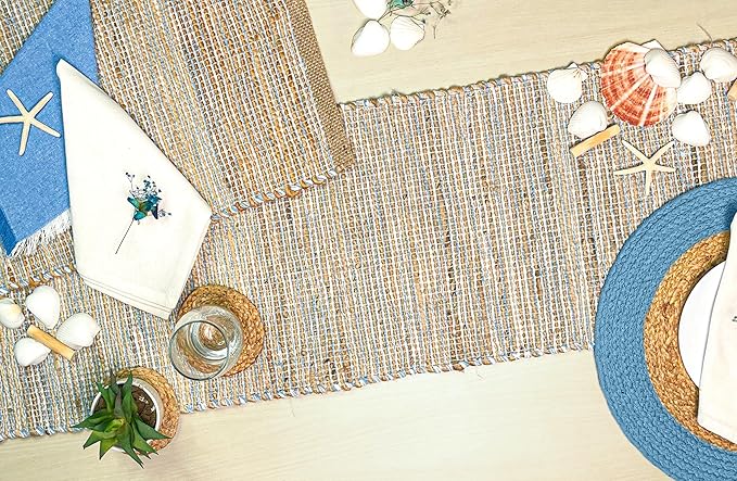 Chardin home Natural Jute Table Runner 13x90 Inch – Vintage Boho Rustic Table Decor – Handwoven Table Runner in Natural Jute and Sky Blue-White – Farmhouse Dining or Console Table Accent