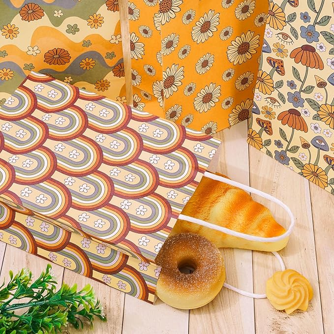 AnyDesign 12Pcs Retro Boho Gift Bags Bulk Rainbow Daisy Flower Paper Bags with Handle Vintage Boho Party Favor Bag for Wedding Birthday Baby Shower Bridal Shower Party Supplies, 5.9 x 8.3 x 3.1 Inch