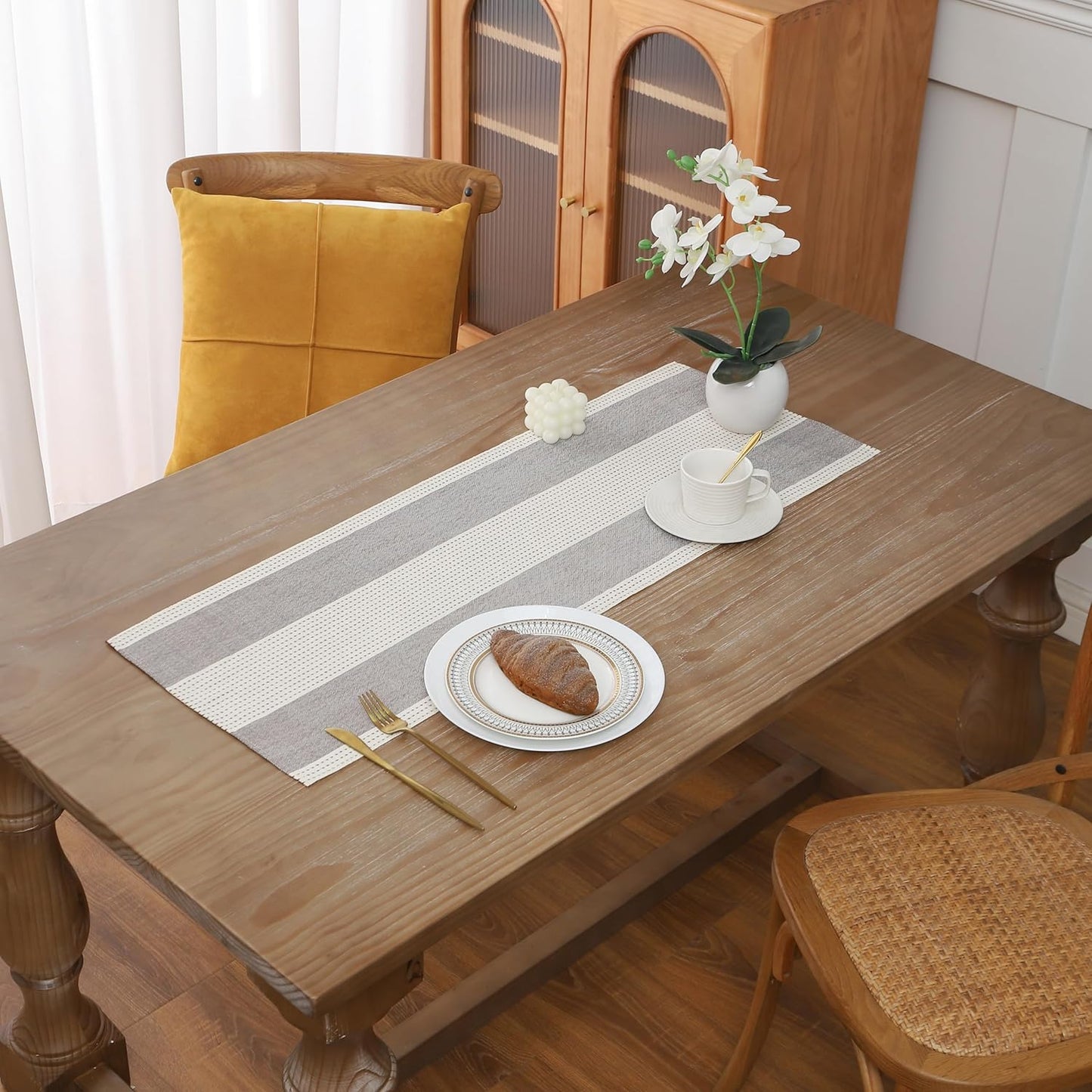 Gernaice Boho Table Runner, Rustic Striped Cotton Linen Farmhouse Table Runners for Dresser End Coffee Table Home Decor, 36" L X 13" W Dark Brown
