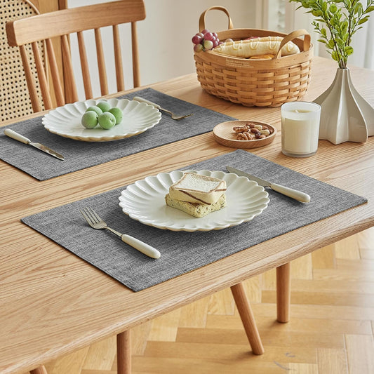 Softalker Faux Linen Placemats Set of 12-12 x 18 Inch, Heat Resistant Double Layered Durable Burlap Farmhouse Place Mats, Non-Slip Washable Rustic Table Mats for Dining, Kitchen, Party（Light Grey