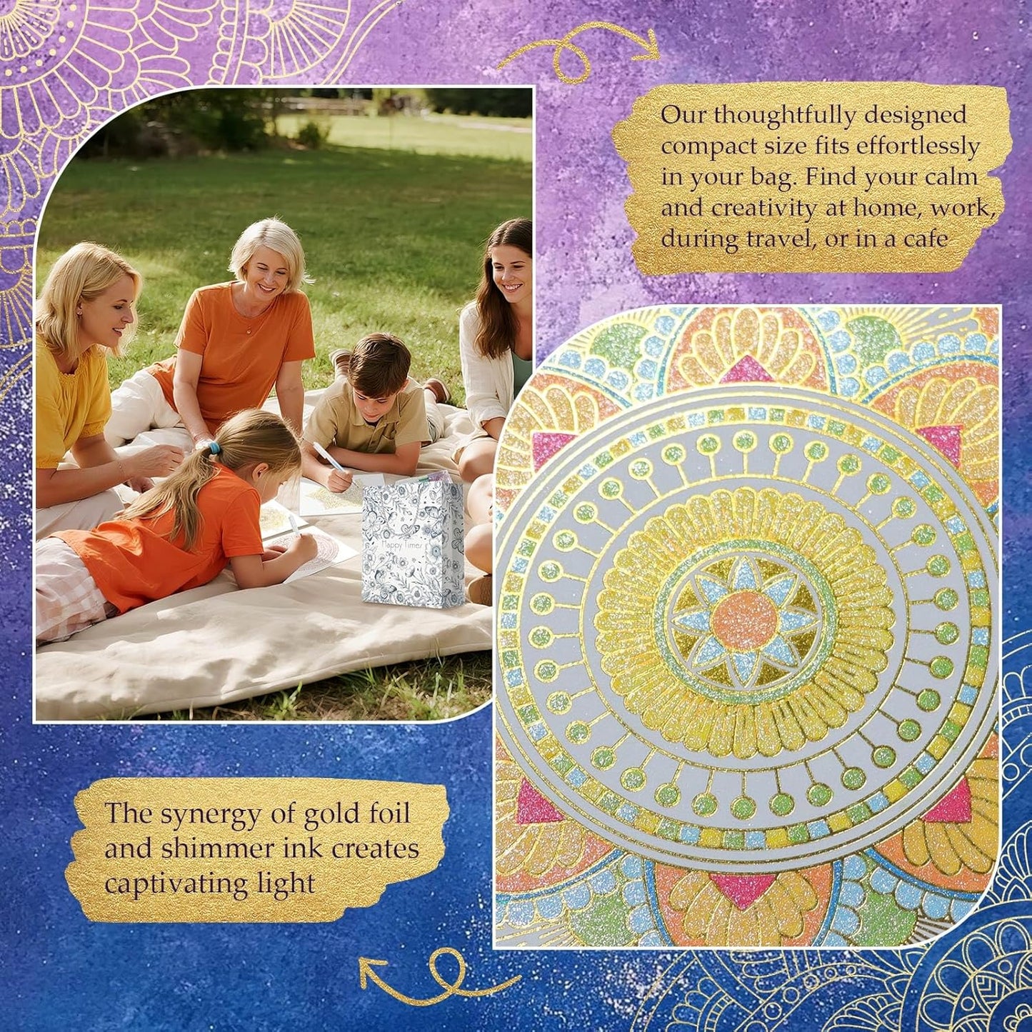 Adult Coloring Book for Women Relaxation, Gold Foil Mandala Coloring Book Set with 24 Colors Retractable Glitter Gel Pens, 12Pcs Premium Single-Sided Paper Portable Gift for Adults Includes Gift Bag