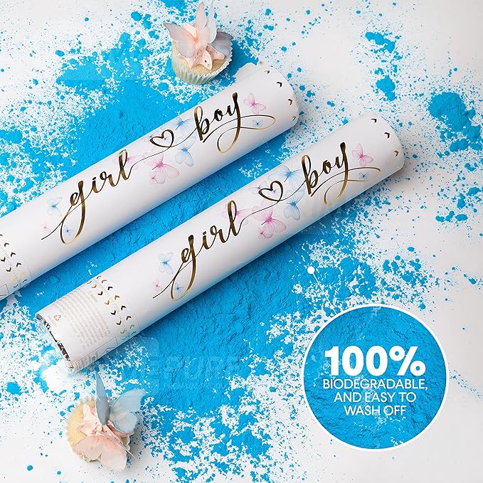 PrimePure Gender Reveal Confetti Cannon - Biodegradable Powder Cannons Smoke Bomb - Blue, 2 Pack - Party Poppers Baby Powder Blue Confetti Poppers for Baby Boy Gender Reveal Party