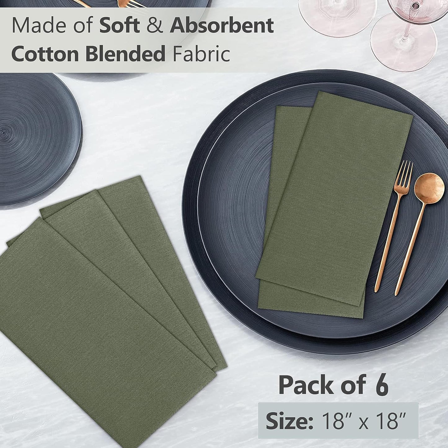 Ruvanti Cloth Napkins Set of 6, 18x18 Inches Napkins Cloth Washable, Soft, Durable, Absorbent, Cotton Blend. Table Dinner Napkins Cloth for Hotel, Lunch, Restaurant, Wedding Parties - Matine Olive