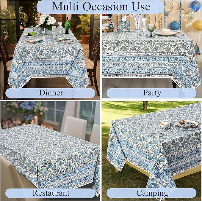 Ridhi Hand Block Print Asparagus Green Rectangle Cotton Tablecloth 118" x 70" Reusable Table Cover Decorative Everyday Use for Dining, Farmhouse, Home Gift for Spring, Easter, Valentine