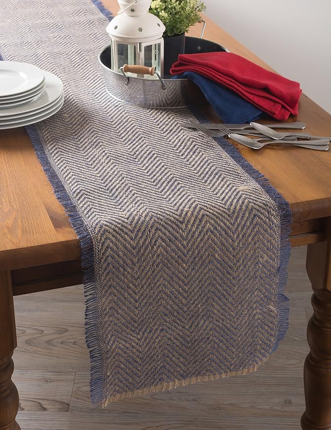 DII Jute Burlap Collection Kitchen Tabletop, Table Runner, 14x108, Chevron Blue