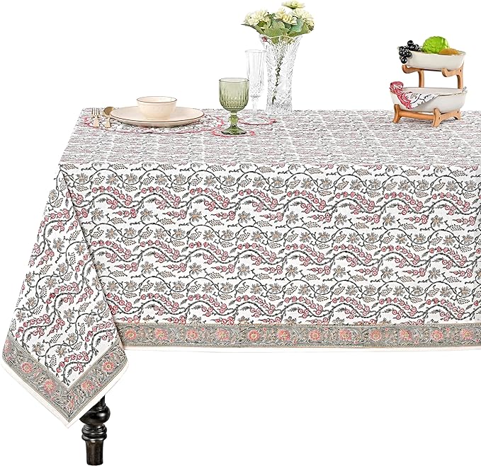 Ridhi Hand Block Print Coral Pink Rectangle Cotton Tablecloth 190" x 72" Reusable Table Cover Decorative Everyday Use for Dining, Farmhouse, Home Gift for Spring, Easter, Valentine