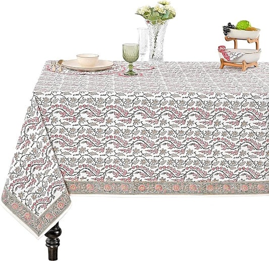 Ridhi Hand Block Print Coral Pink Rectangle Cotton Tablecloth 108" x 60" Reusable Table Cover Decorative Everyday Use for Dining, Farmhouse, Home Gift for Spring, Easter, Valentine