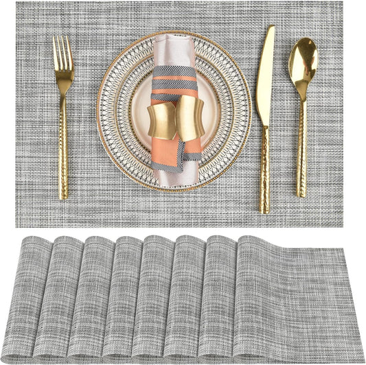 SLKQG Placemats Set of 8 - Easy Clean Washable Vinyl Placemats - Wipeable Heat Resistant Table Mats for Dining Table - 17.7x11.8 Inch (8, Black & White Two-Tone)