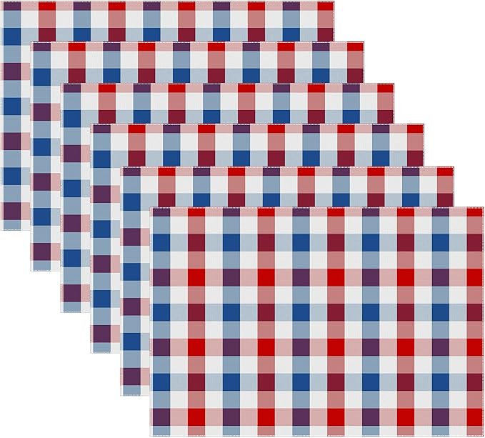 Urban Villa July 4th Placemats for Dining Table Patriotic Placemats 100% Cotton (Set of 6) 14''x20'' Oversized Tablemats for Family Dinner Parties (Red/Blue/White Buffalo Checks)