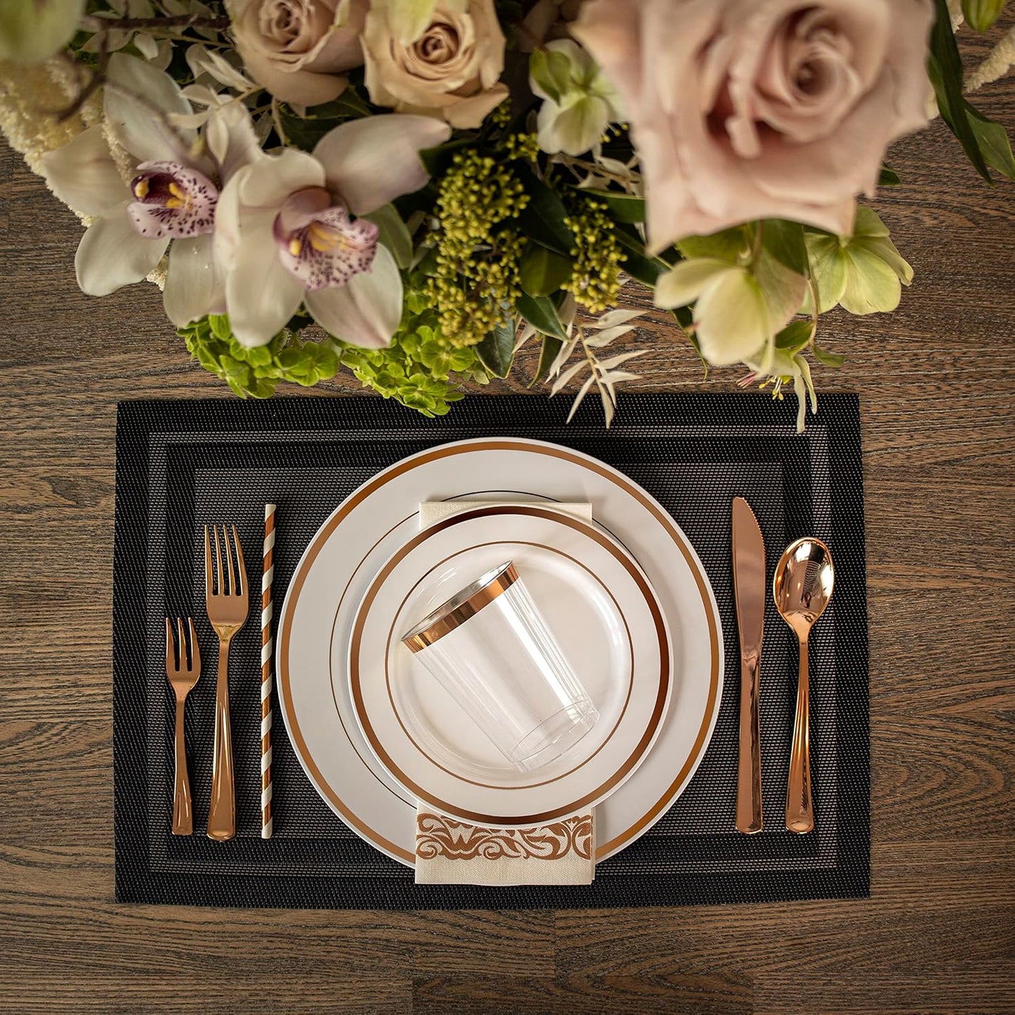 Neatiffy 225 Pcs Rose Gold Rim Plastic Dinnerware Set (25 Guests) | 25 x (Dinner Plate, Dessert Plate, Plastic Silverware, Cup, Napkin, Straw) | For Wedding, Luxurious Party, Special Event