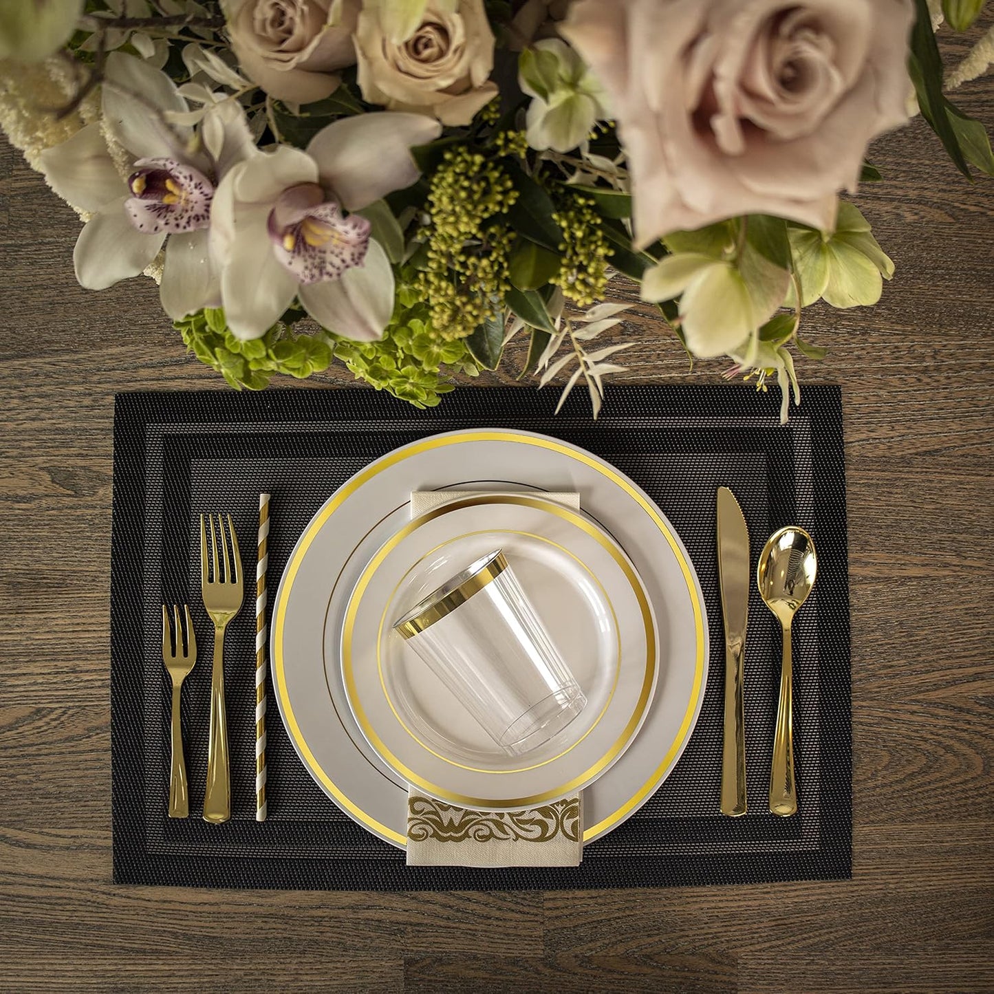 Neatiffy 225 Pcs Gold Rim Plastic Dinnerware Set (25 Guest) | 25 x (Dinner Plate, Dessert Plate, Gold Plastic Silverware, Cup, Napkin, Straw) | For Wedding, Luxurious Party, Special Event