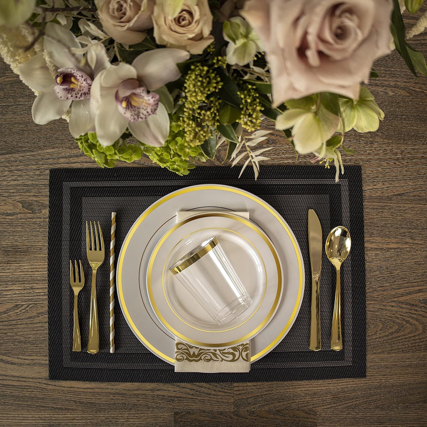 Neatiffy 200 Pcs Gold Plastic Silverware Disposable Cutlery Set, Includes 50 Forks, 50 Spoons, 50 Knives, 50 Medium Forks, Utensils Set for Catering, Parties, Dinners, Weddings