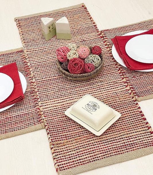 Chardin home Natural Jute Table Runner 13x48 Inch – Vintage Boho Rustic Table Decor – Handwoven Table Runner in Natural Jute and Red – Farmhouse Dining or Console Table Accent