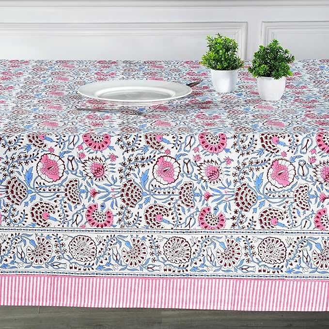 Ridhi Hand Block Print Pigeon Blue Flamingo Pink Rectangle Cotton Tablecloth 120" x 80" Reusable Table Cover Decorative Everyday Use for Dining, Farmhouse, Home Gift for Spring, Easter, Valentine