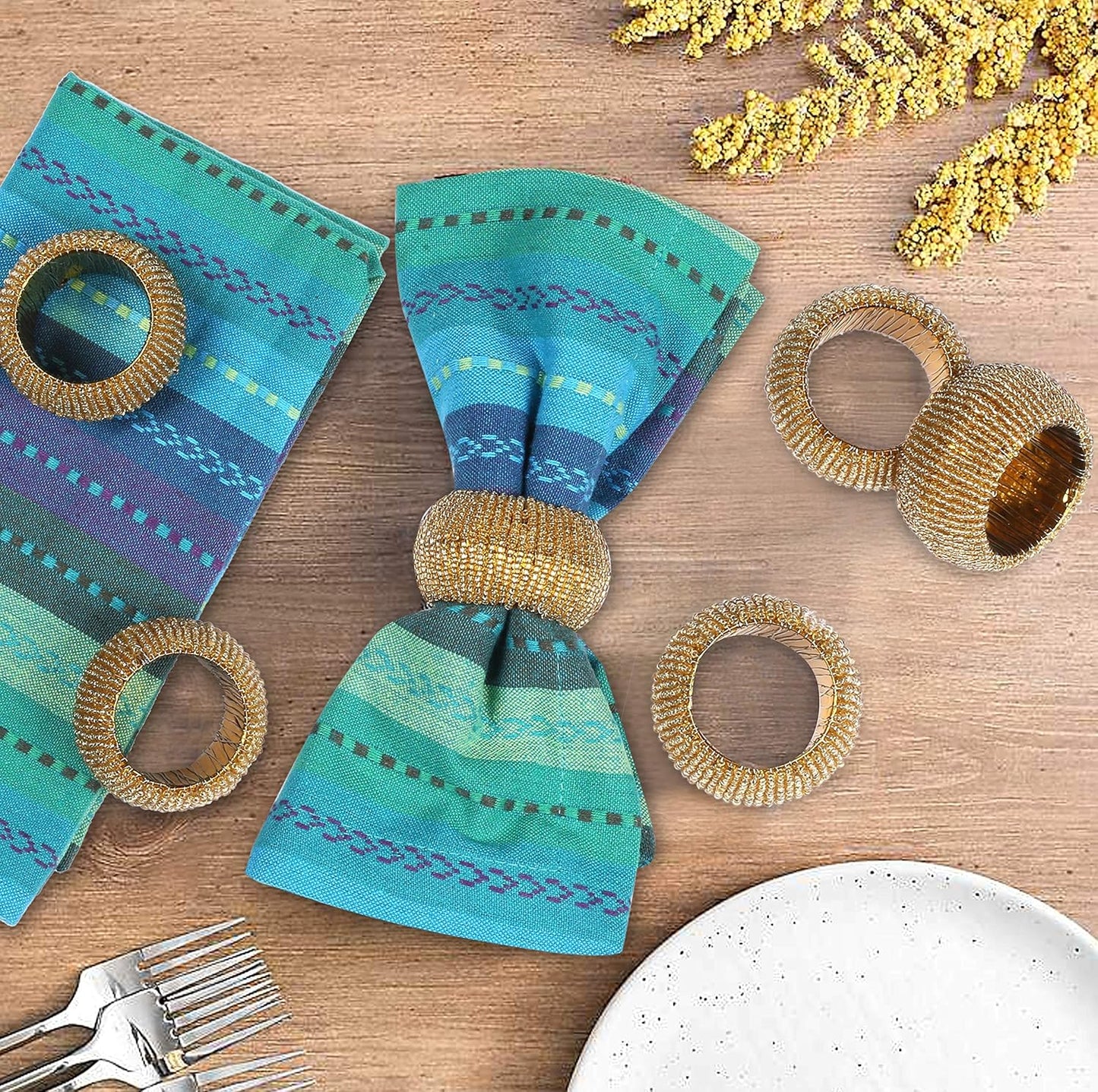 Gold Napkin Ring, Napkin Rings Set of 12, Beaded Napkin Holders, Round Napkin Rings Bulk for Christmas Party Decoration, Dinning Table, Everyday, Family Gatherings - Set Your Table with Style - Gold