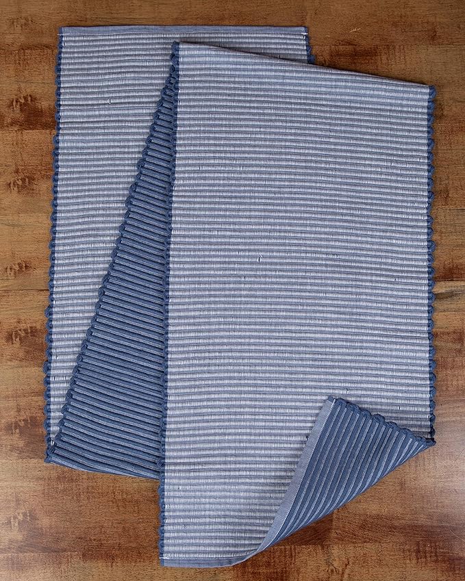 Sticky Toffee Cotton Table Runner 14x72 in – Blue Woven Ribbed Farmhouse Boho Décor for Kitchen or Dining Table, Oeko-Tex Cotton