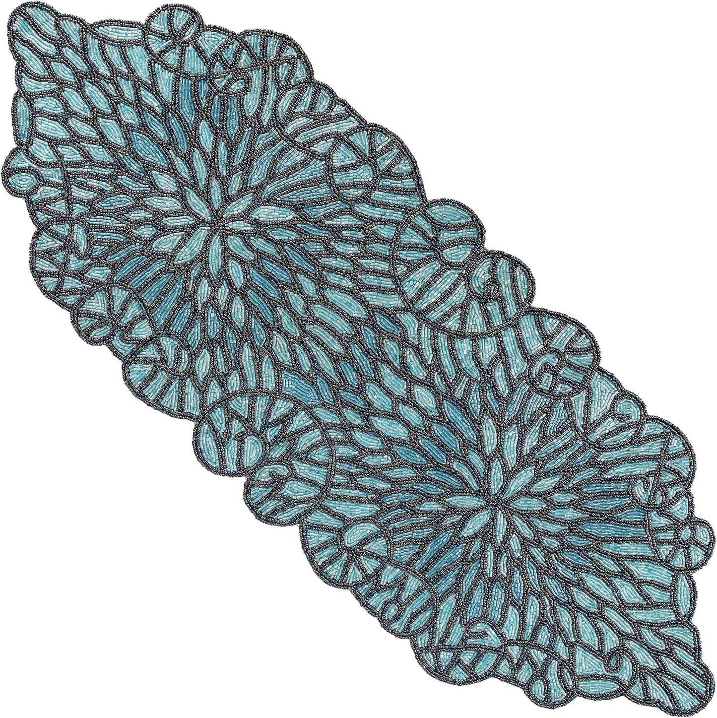 Festive Beaded Table Runner - 13x36 Handmade Stone Sapphire Beaded Table Runner - Floral Art Deco Design & Durable Polyester Backing for Farmhouse, Bridal & Holiday Décor (Blue Black) - CLEENTABLE