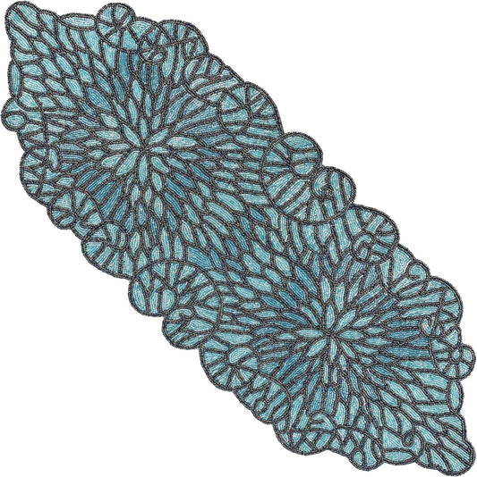 Festive Beaded Table Runner - 13x36 Handmade Stone Sapphire Beaded Table Runner - Floral Art Deco Design & Durable Polyester Backing for Farmhouse, Bridal & Holiday Décor (Blue Black) - CLEENTABLE