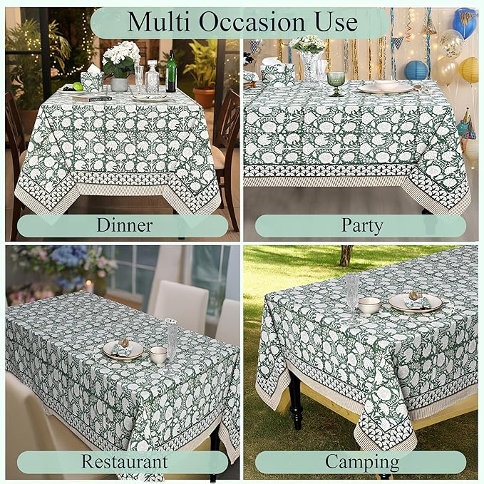 Ridhi Hand Block Print Turquoise Moss Green Rectangle Cotton Tablecloth 190" x 72" Reusable Table Cover Decorative Everyday Use for Dining, Farmhouse, Home Gift for Spring, Easter, Valentine