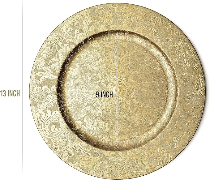 Gold Floral Charger Plates - 13-Inch Elegant Chargers - Set of 6 - For Small to Regular-Size Dinnerware & Soup Bowls - Suitable for Weddings, Parties, Anniversary, Thanksgiving
