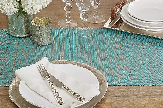 Saro Lifestyle Melaya Collection Shimmering Woven Nubby Table Runner, 14"x90", Turquoise
