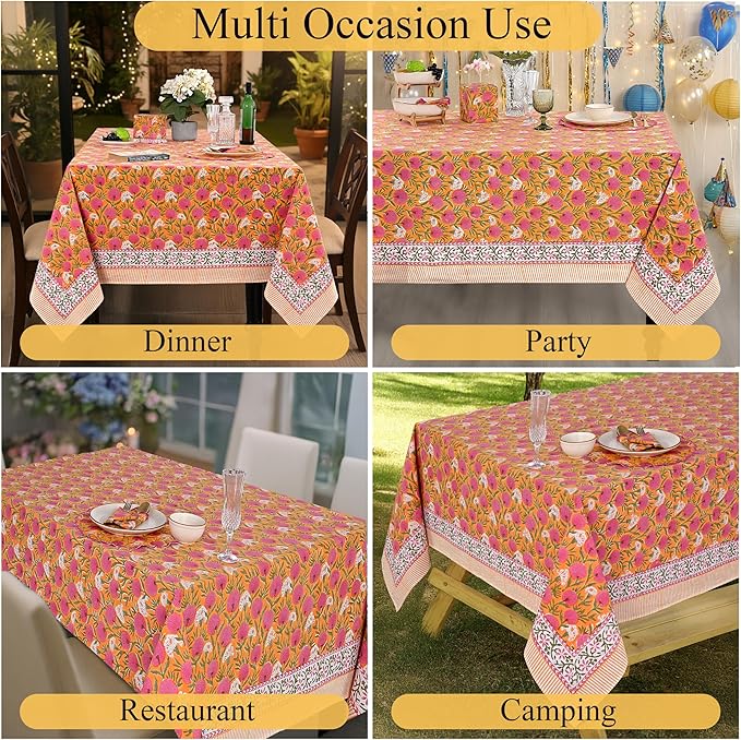 Ridhi Hand Block Print Bubblegum Pink Rectangle Cotton Tablecloth 190" x 72" Reusable Table Cover Decorative Everyday Use for Dining, Farmhouse, Home Gift for Spring, Easter, Valentine