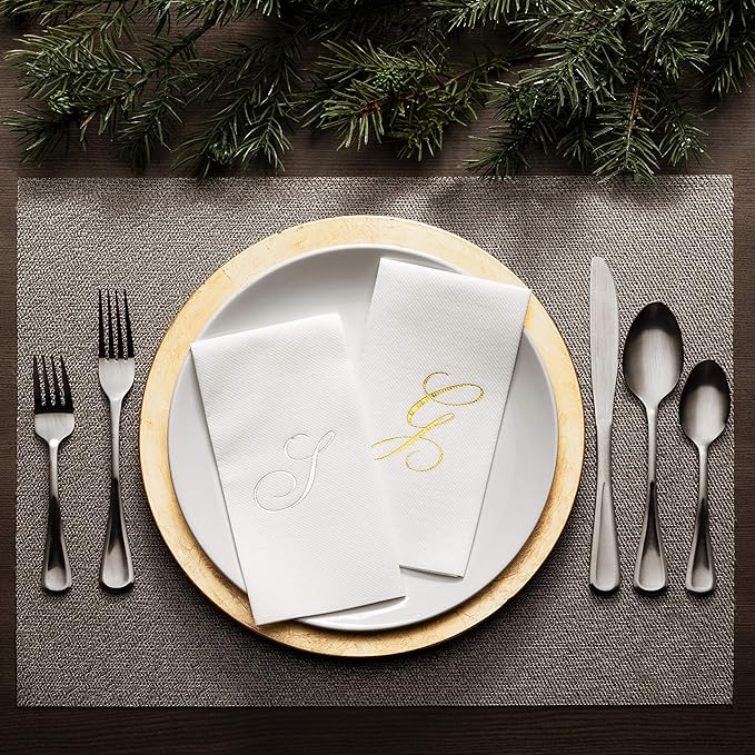 AMERICAN HOMESTEAD Disposable Hand Towels - Gold Foil Monogrammed Guest Napkins - Linen-Like Bathroom Paper Towels for Guests - Perfect Wedding and Party Napkins - 50 Count (Gold N)