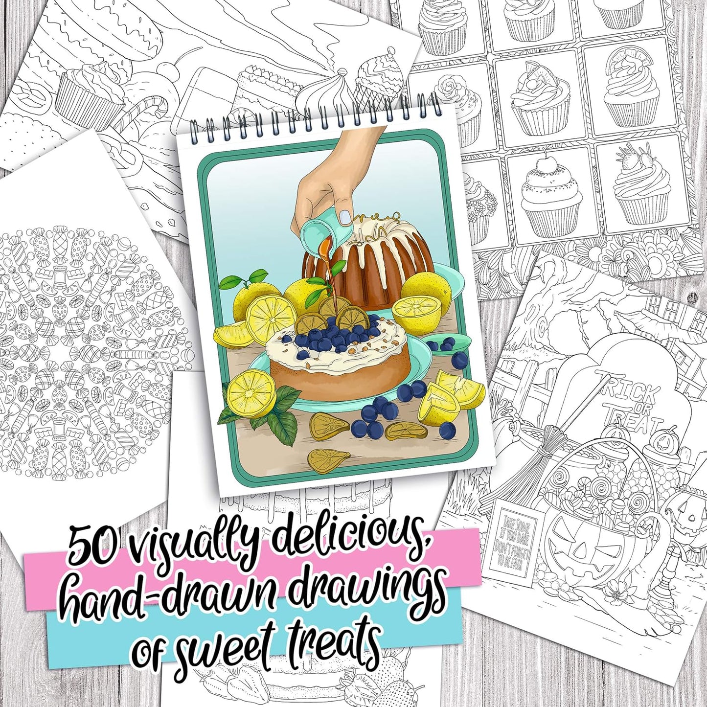 ColorIt Delightful Desserts and Sweet Treats Adult Coloring Book - 50 Single-Sided Designs, Thick Smooth Paper, Lay Flat Hardback Covers, Spiral Bound, USA Printed, Desserts Coloring Pages