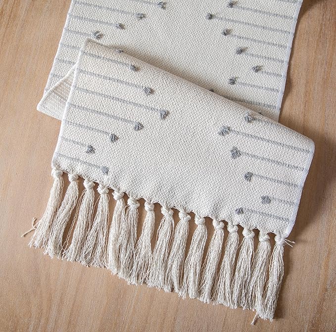 Boho Table Runner 13 x 72 Inch Long Natural Cotton Woven Runner with Tassels for Home Dining Table décor, for Modern Farmhouse Decor Coffee Table Runner, Grey and Beige