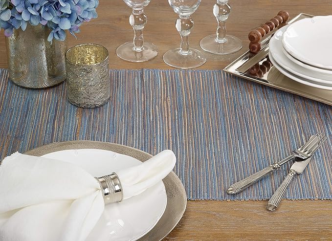Saro Lifestyle Melaya Collection Shimmering Woven Nubby Table Runner, 16"x72", Blue-Grey