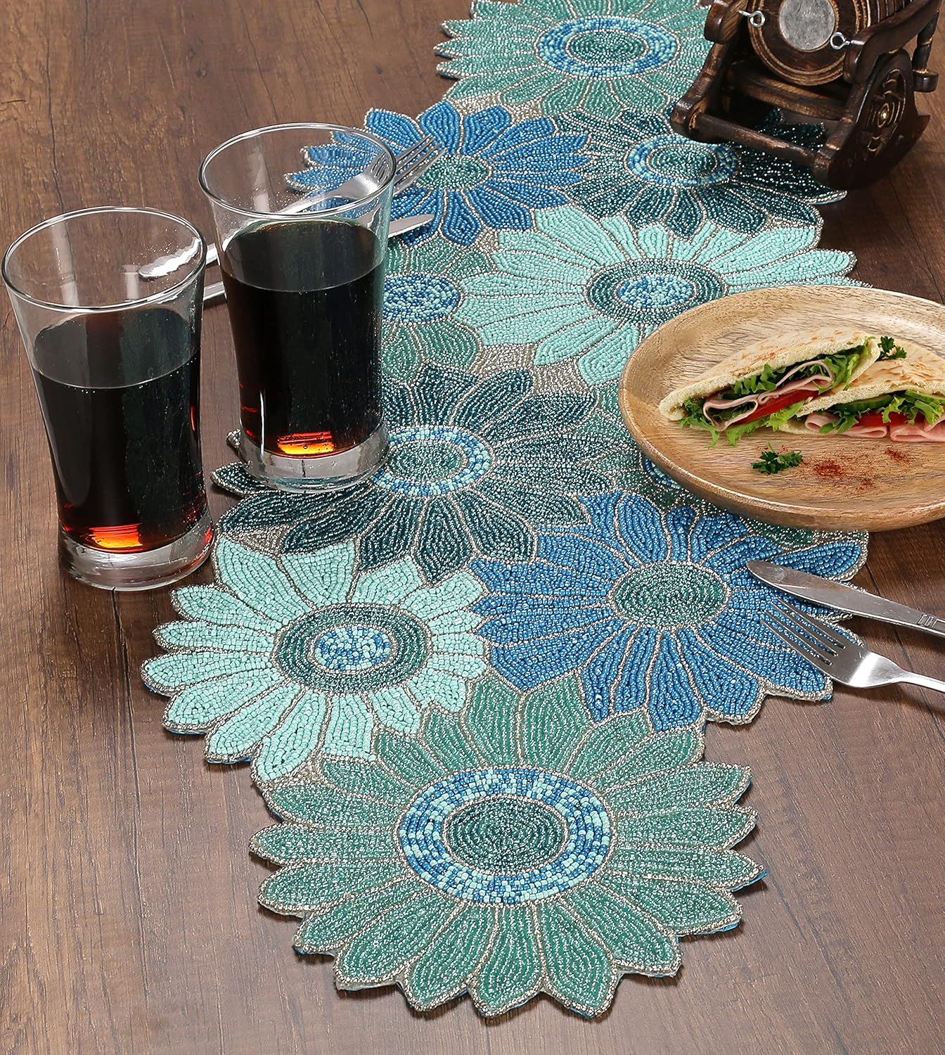 Decorative Floral Beaded Table Runner - 13x36 Inches Handmade for Christmas, Thanksgiving, Weddings & Special Occasions - Perfect for Dining Tables & Buffets (Blue) - CLEENTABLE