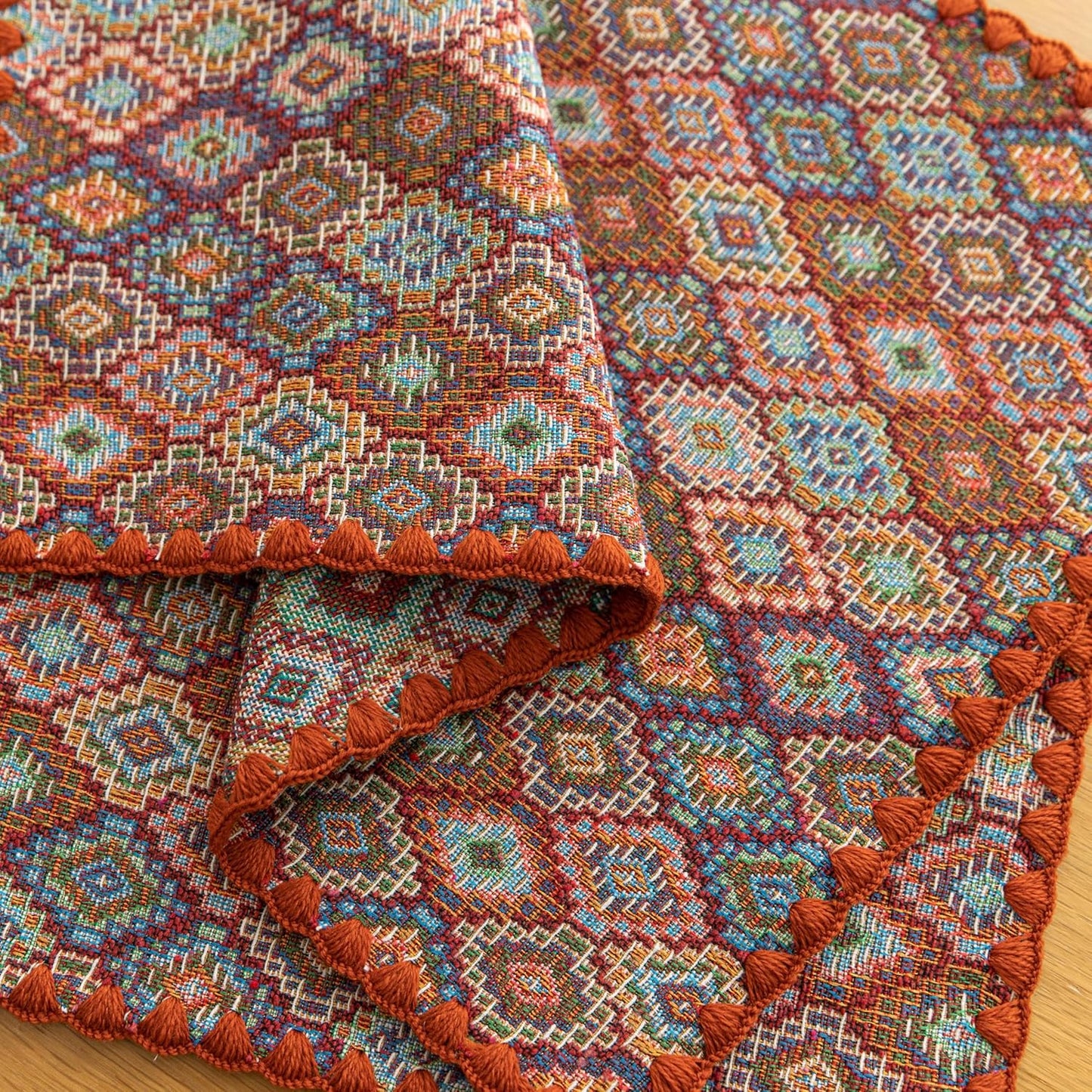 Boho Embroidery Table Runner Accessories Set of 4 Geometry Fall Kitchen Dining Table Decoration for Home Party Decor 13x18inch