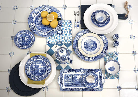 Spode Blue Italian Oval Rim Platter - 12.5" x 8.75" Porcelain Serving Platter with Intricate Scroll Border & Countryside Scene - Elegant Tableware for Entertaining, Dining Displays, Gifting