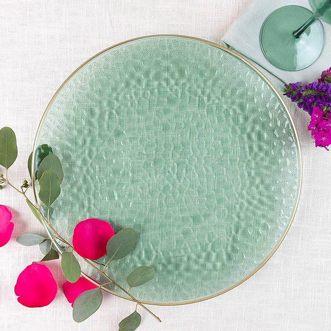 [Green Hammered With Gold Rim 4 Pack] 13'' Charger Plates Green Hammered With Gold Rim Plastic Heavy Duty Disposable Dinner Chargers Serveware Dishes Platters Tableware for parties, Weddings