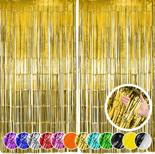 2 Pack Gold Fringe Curtain Party Backdrop, Gold Tinsel Backdrop, Decorations for Birthday, Holidays, Parties & More