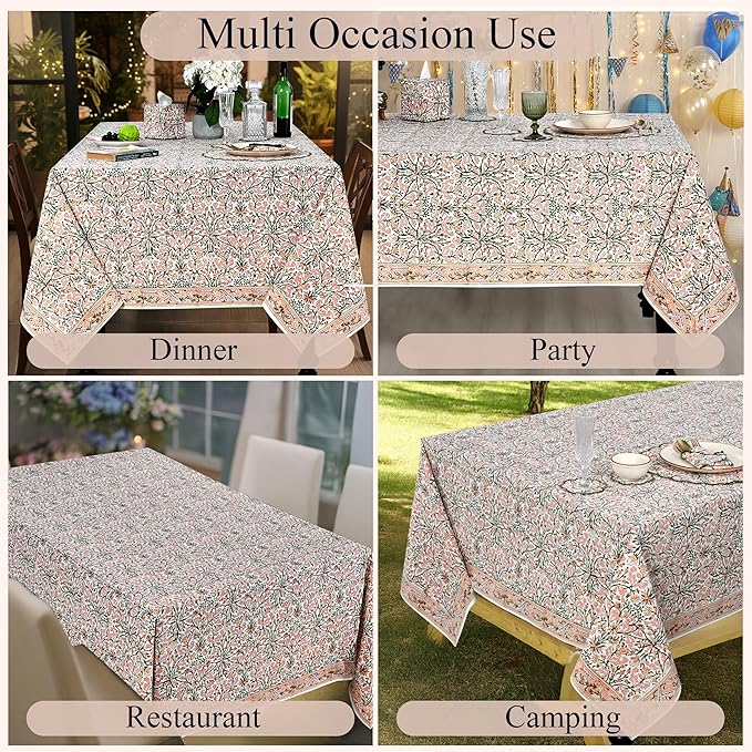 Ridhi Hand Block Print Sassy Salmon Emerald Green Rectangle Cotton Tablecloth 190" x 72" Reusable Table Cover Decorative Everyday Use for Dining, Farmhouse, Home Gift for Spring, Easter, Valentine