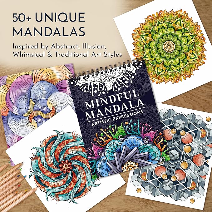 RYVE Mandala Coloring Book for Adults - 50 Unique Mandalas for Relaxation & Stress Relief - Adult Coloring Book Spiral Bound for Women and Men, Mindfulness Gifts for Women