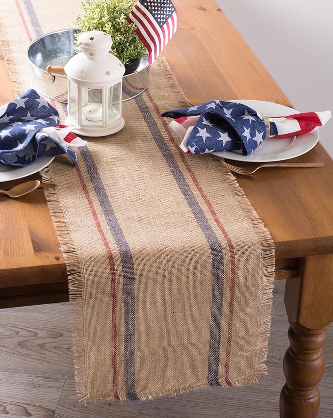 DII Jute Burlap Collection Kitchen Tabletop, Table Runner, 14x108, Double Border Blue/Red