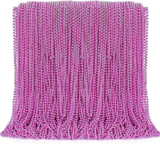 144PCS Bead Necklace, Metallic Pink Mardi Gras Rose Necklaces Bulk, 33" Mardi Gras Round Beaded Necklace Stuff, Festival Parade Throw Accessories Wedding Gender Reveal Party Supplies Decor