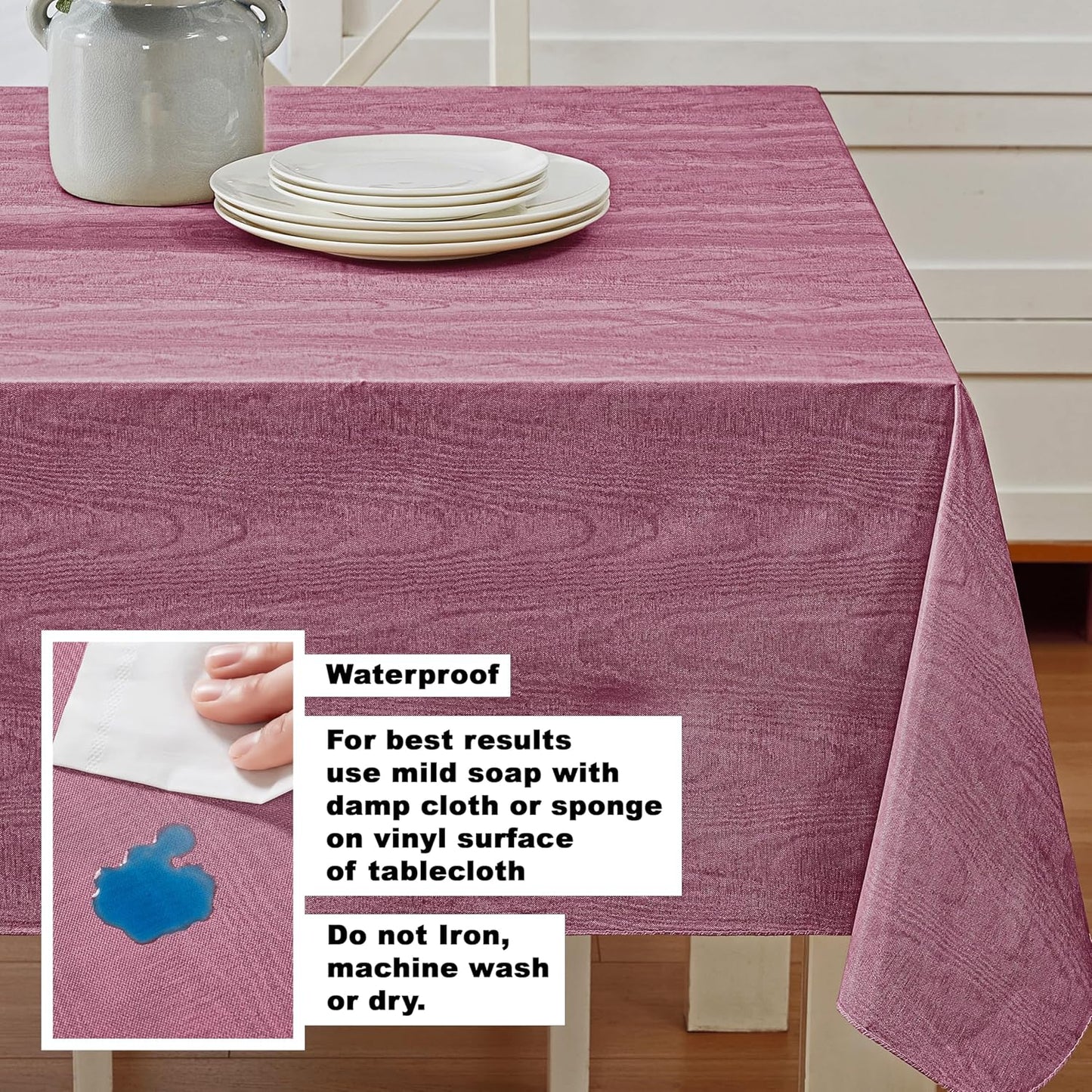 Newbridge Vinyl Flannel Backed Tablecloth, 52 x 70 Inch Rectangle, Burgundy Moire Wavy Solid Design, Heavyweight Indoor Outdoor Waterproof Table Cover, Easy Care Wipe Clean
