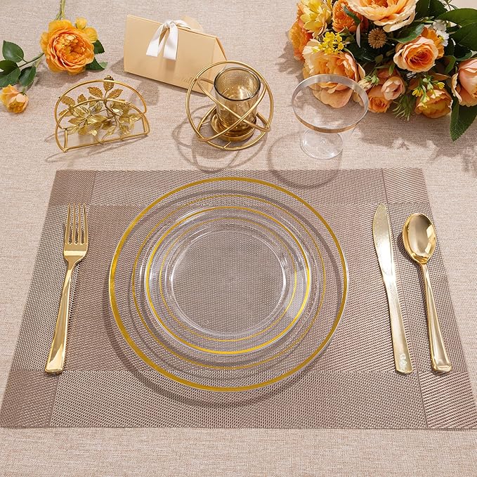 100PCS Clear Plastic Plates, 10 Inch Thanksgiving Plates Disposable Dinner Plate Party with Gold Rim, Heavy Duty Disposable Plastic Plate for Party, Wedding and Birthday